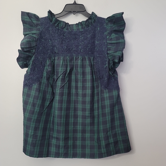 J.Marie Joyce Embroidered Ruffle Neck Cap Sleeve Plaid Top - Picture 8 of 12
